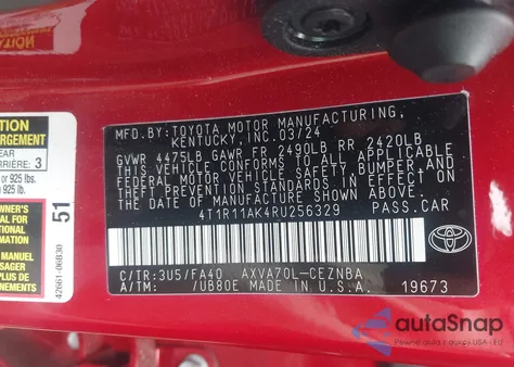 2024 Toyota Camry Le z USA, uszkodzony, nr VIN 4T1R11AK4RU256329